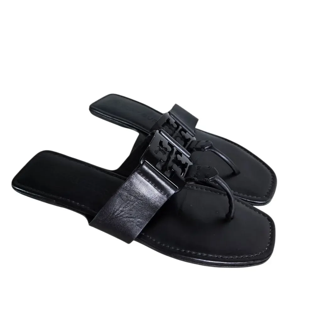 Tory Burch Georgia Sandal Black Thong Square Toe Flats Double T Logo Medallion 9